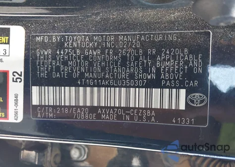 2020 Toyota Camry Se из США, поврежденный, VIN 4T1G11AK6LU350307